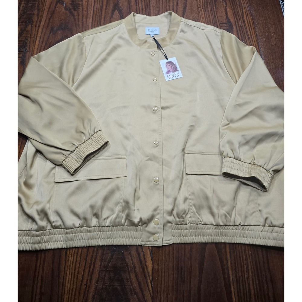 Jaclyn Smith Womens 3X Bomber Jacket Champagne Gold Satin Snap‎ Front Plus Size